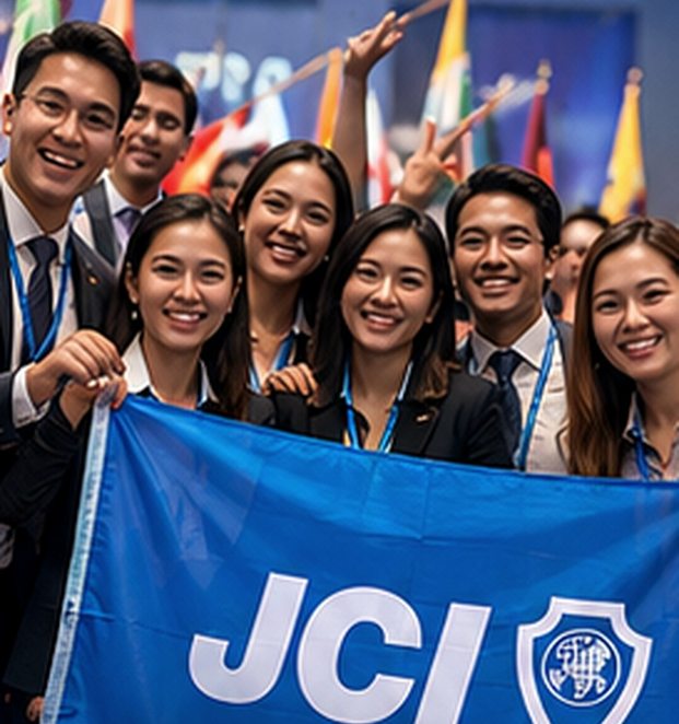 Illustrative group photograph of people holding a JCI banner