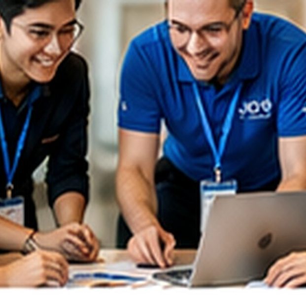 Illustrative photograph of team collaboration at a laptop
