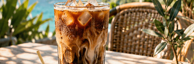 Sunlit iced coffee with ice cubes and condensation on a leafy patio table.