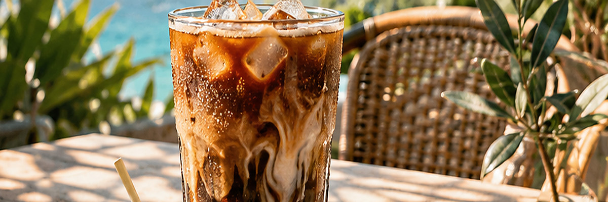 Sunlit iced coffee with ice cubes and condensation on a leafy patio table.