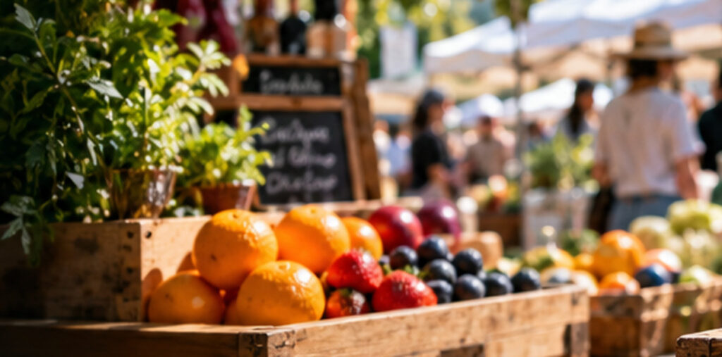 Fresh oranges, berries and fruit at a busy outdoor weekend market, with visitors softly out of focus.