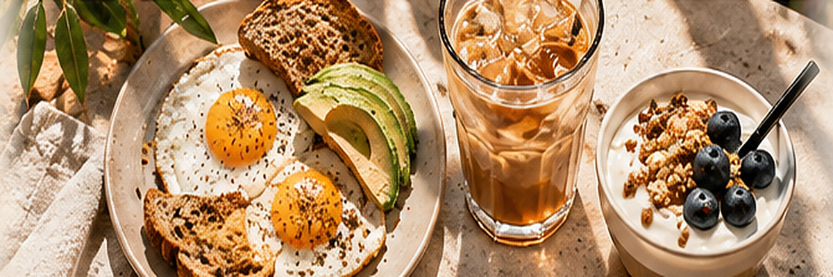 Overhead breakfast spread with eggs on toast, avocado, iced coffee and a bowl of plain yogurt with fruit.