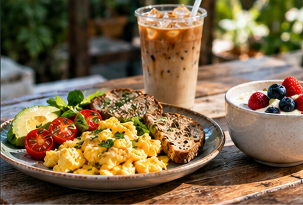 A colorful plate of eggs, avocado, tomatoes and bread beside iced coffee and yogurt at an outdoor market table.