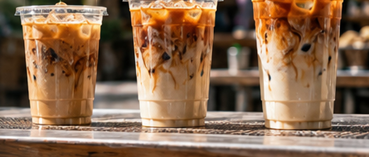 Three different-size iced coffees in clear glasses at a coffee stall, photographed in bright daylight.