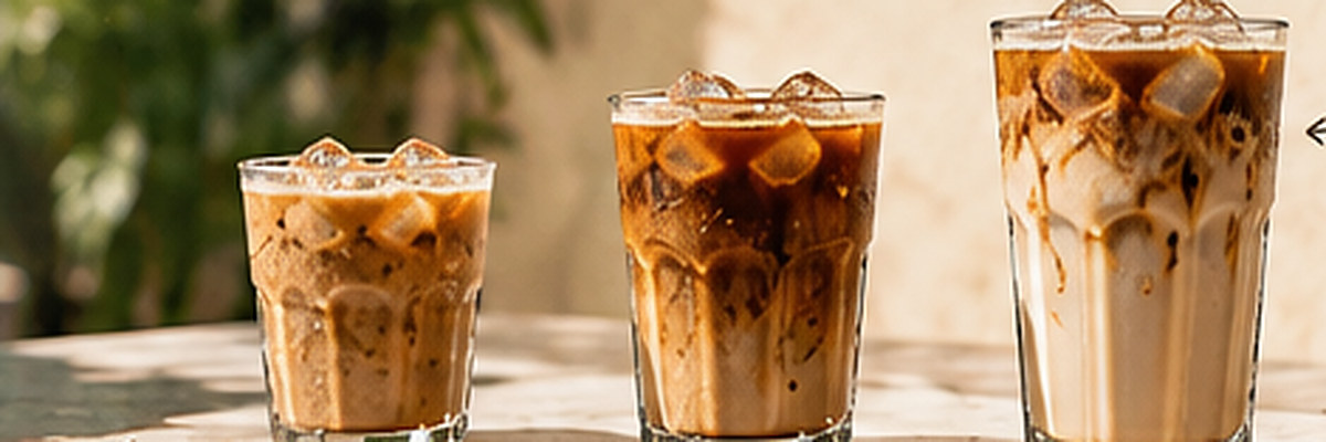 Three iced coffees in small, medium and large glasses standing side by side in sunlight.