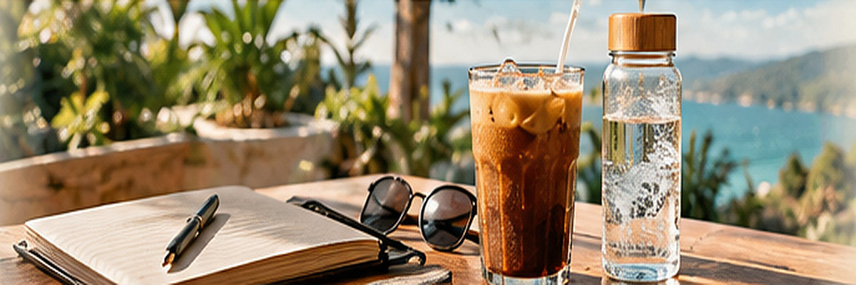 An iced coffee and a clear bottle of water on a sunlit table beside a notebook and sunglasses.