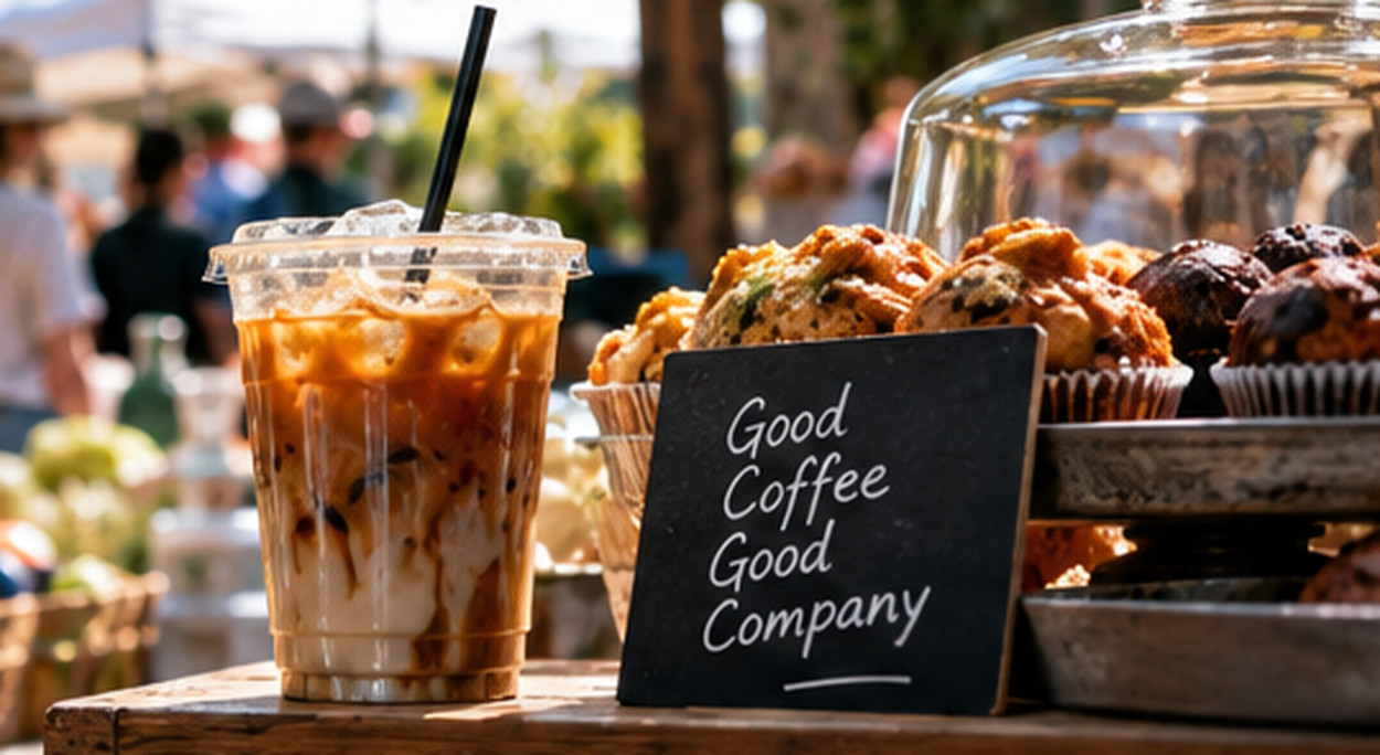 An iced latte beside rustic baked goods at a lively outdoor market food counter.