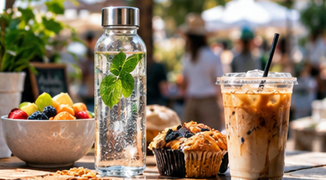 A clear reusable water bottle with mint, a bowl of fruit, pastries and iced coffee at a market table.