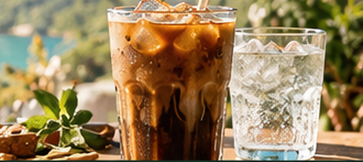 Iced coffee beside a glass of cold water in warm afternoon sunlight.