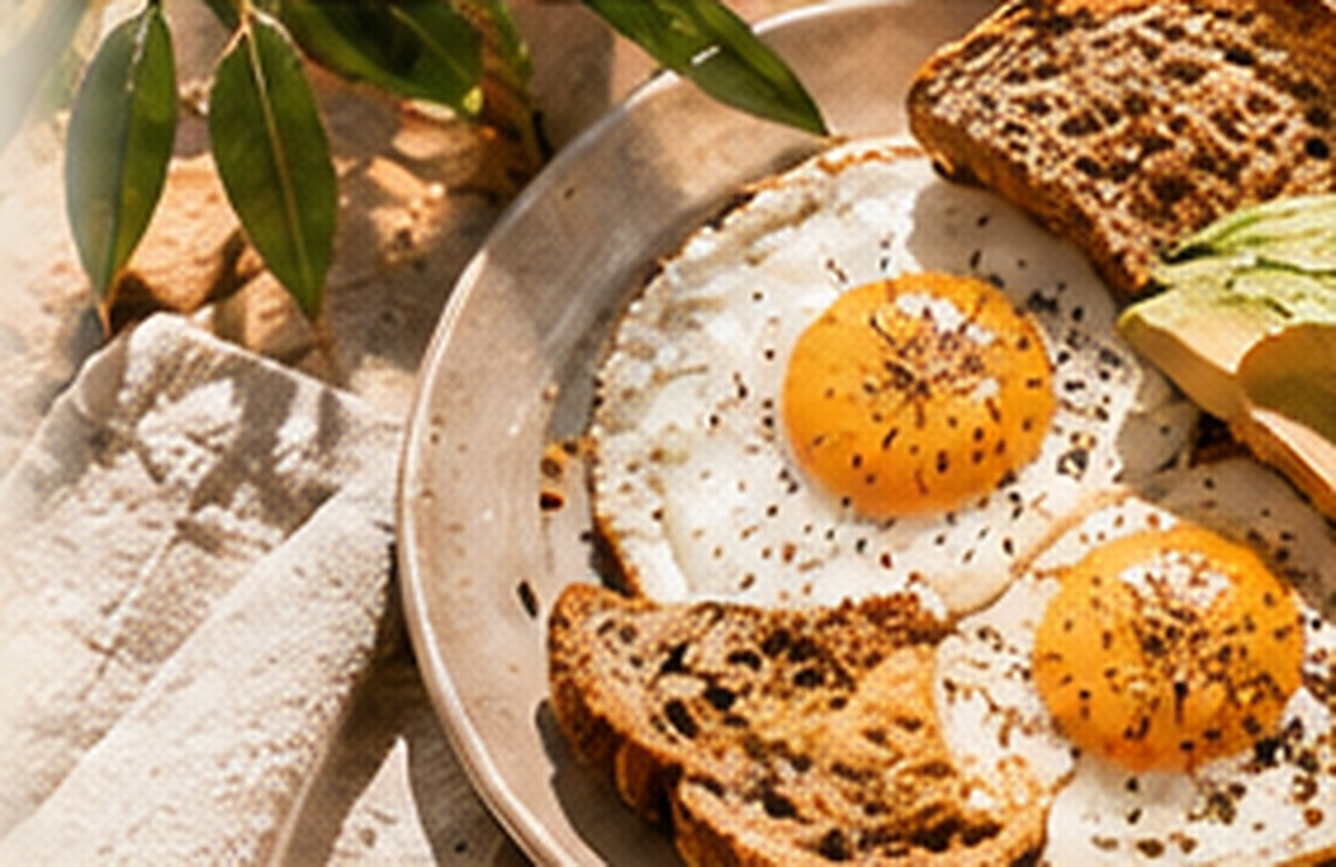 A plate of eggs, whole-grain toast and sliced avocado on a light tabletop.