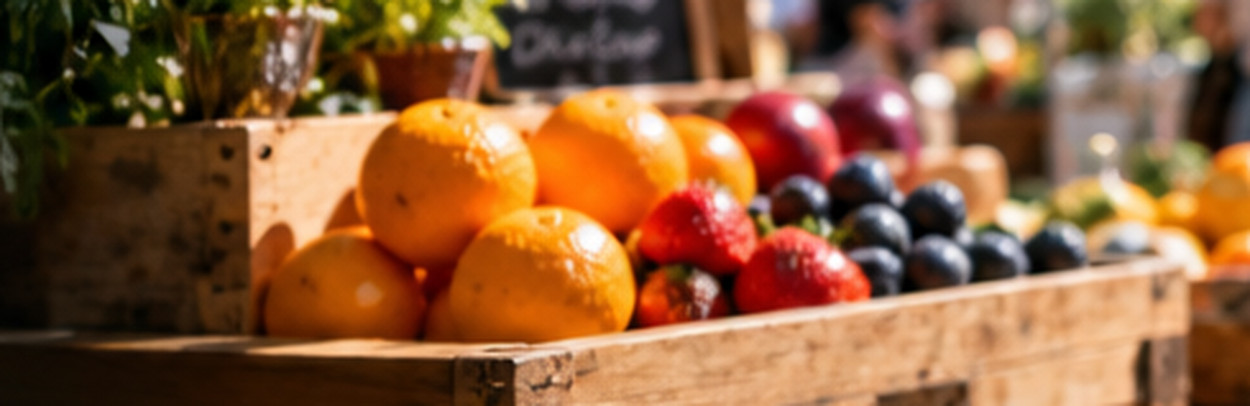 Close-up of oranges, blueberries and other fresh fruit at an outdoor market stall.