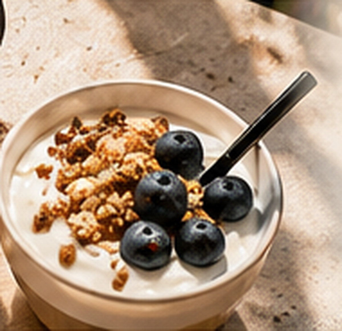 Plain yogurt topped with blueberries and grains, viewed from above.