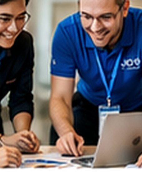 Illustrative image of teamwork around a laptop