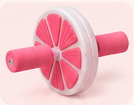 Pink ab roller with two handles on blush background, cropped from the supplied fitness poster.