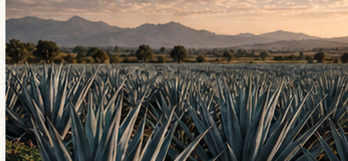 Wide visual concept of blue-grey agave rows and distant mountains at golden hour.