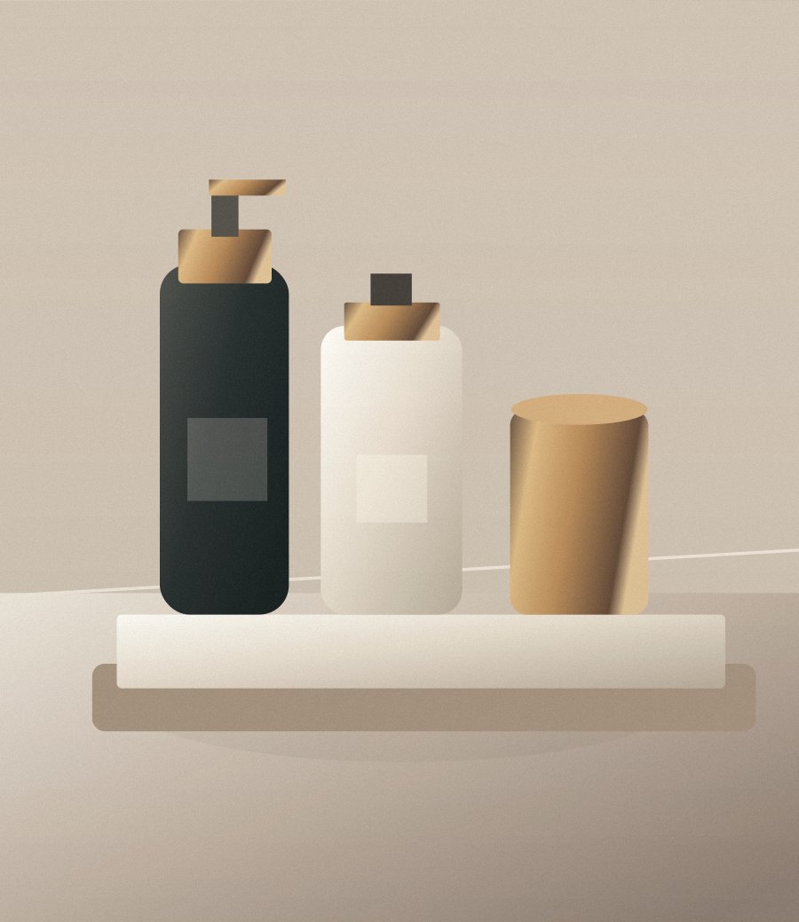 Conceptual still-life illustration of unbranded hospitality amenity bottles
