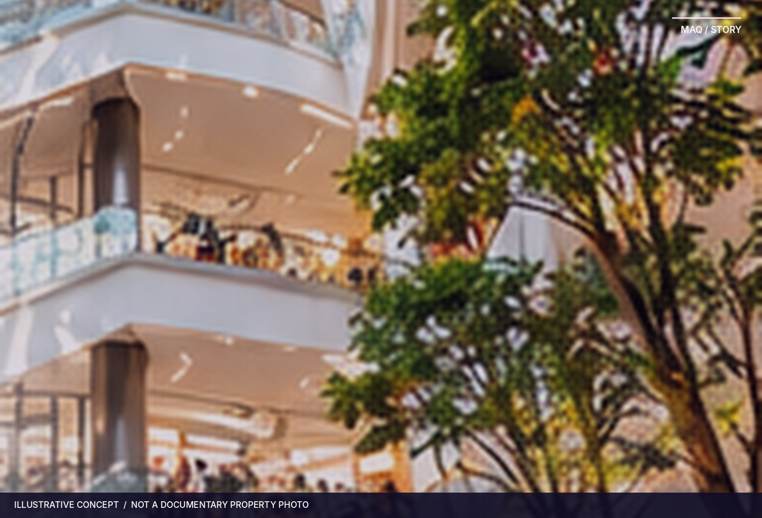 Conceptual illustration of a bright multi-level mall atrium with indoor greenery; not a real venue photograph.