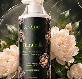Close view of the dark Flora Silk bottle label surrounded by pale flowers and green leaves