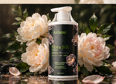 Dark Flora Silk pump bottle positioned among cream flowers and green leaves against a dramatic background