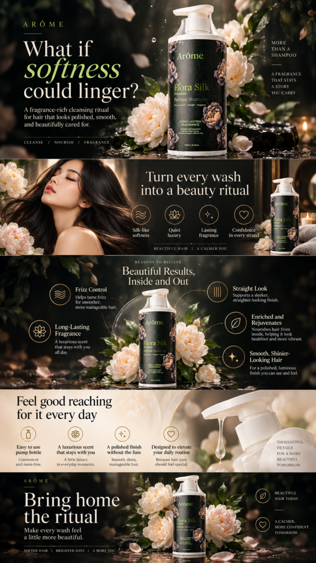 Full-length Arôme Flora Silk perfume shampoo campaign mood board: cream and lime serif typography on cinematic black-and-floral product photographs, followed by beauty ritual, hair-benefit, daily-use and closing campaign panels.