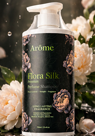 Dark Arôme Flora Silk pump bottle framed by cream-colored flowers on a moody botanical background