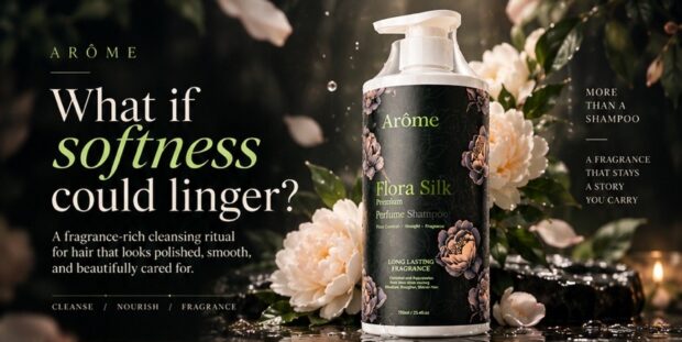 ARÔME Flora Silk shampoo surrounded by ivory flowers on a dark botanical set