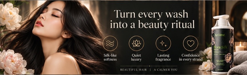 ARÔME campaign featuring a model with flowing dark hair and the shampoo bottle