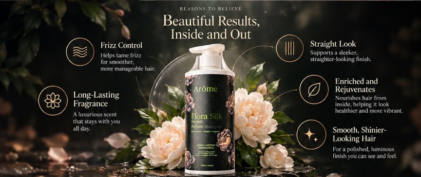ARÔME Flora Silk bottle surrounded by flowers with promotional benefit callouts