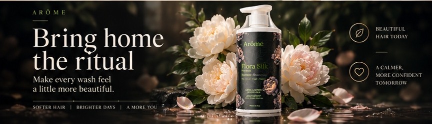ARÔME Flora Silk bottle with ivory flowers and botanical campaign styling