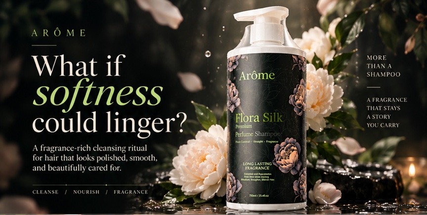 ARÔME Flora Silk shampoo bottle among ivory flowers against a dark botanical background