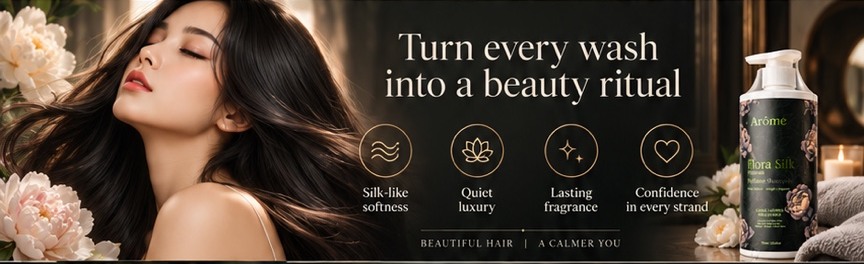 Beauty portrait and ARÔME Flora Silk shampoo in a floral editorial composition