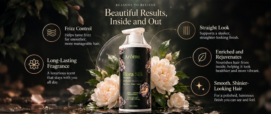ARÔME shampoo bottle surrounded by flowers with illustrated benefit callouts
