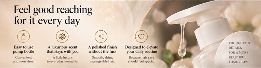 Close-up of shampoo pump with a droplet in a warm ivory-toned composition