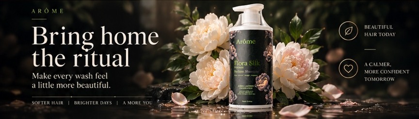 ARÔME Flora Silk shampoo bottle among flowers with closing campaign typography