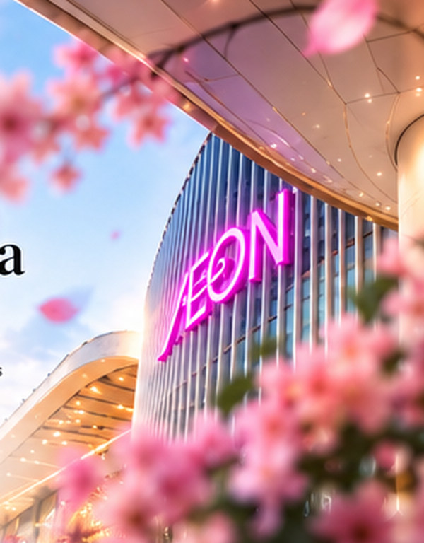Illustrative mall entrance with pink flowering branches and magenta signage