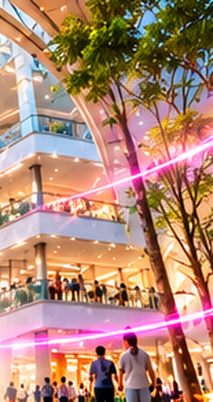 Illustrative bright multi-level shopping mall atrium and indoor trees