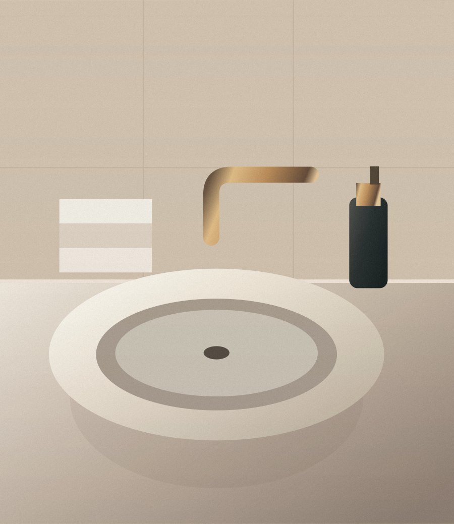 Conceptual illustration of a stone basin, gold tap and folded towels