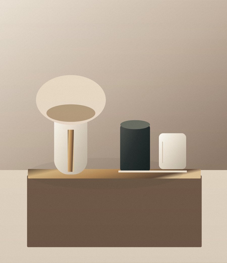 Conceptual illustration of a guestroom bedside lamp and objects