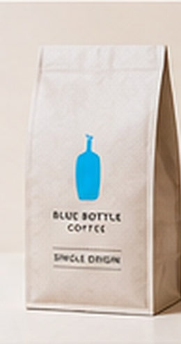 Minimal coffee bag with conceptual blue bottle motif, AI-generated concept.