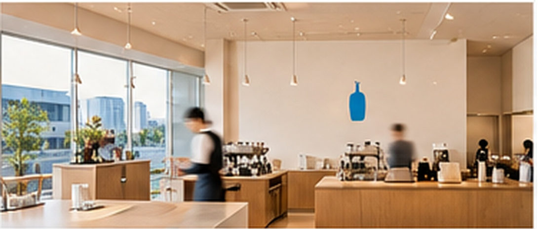 Minimalist wood-toned café interior with blue bottle motif, AI-generated concept.