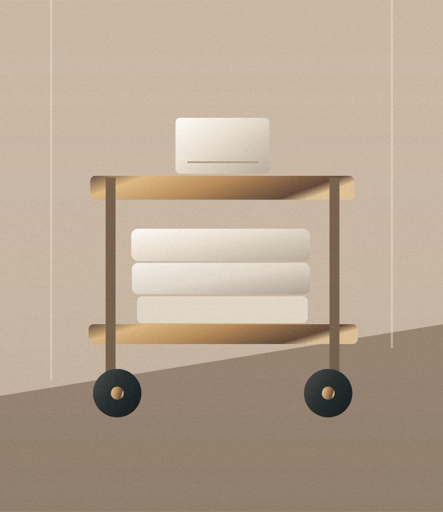 Conceptual illustration of a hotel housekeeping trolley with towels