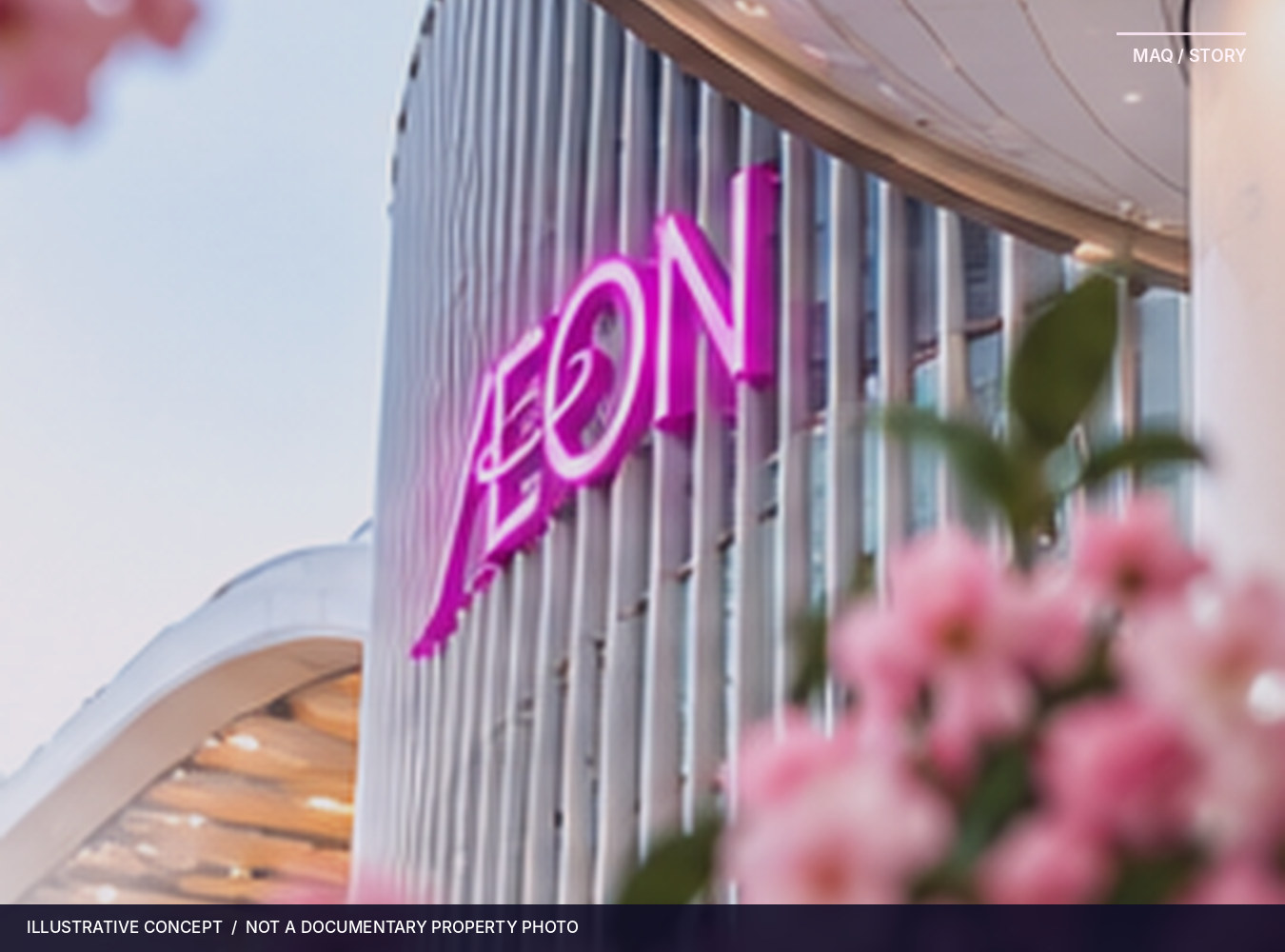AI-assisted conceptual artwork showing magenta mall signage beyond pink blossoms; not a verified AEON MALL photo.