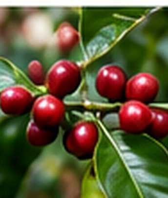 Ripe red coffee cherries on a branch, conceptual editorial photograph.