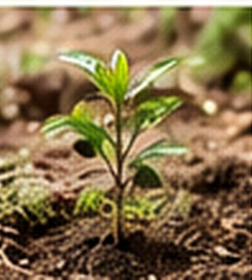 Young green plant growing in soil, AI-generated conceptual image.