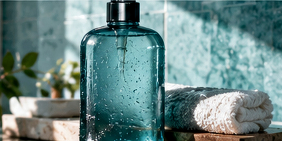 A teal pump bottle without visible branding next to a folded white towel in a cool-toned bathroom.