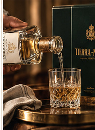 Conceptual small pour into a crystal glass beside a dark racing-green Tierra Noble presentation box.