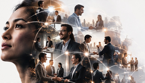 Collage of professionals and connecting light trails around a woman’s portrait