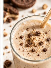 Overhead close-up of a creamy shake with dark cookie crumbles and a wooden straw.