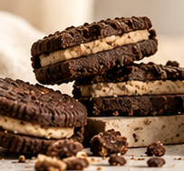 Broken chocolate sandwich cookies and crumbs styled beside a warm-toned surface.