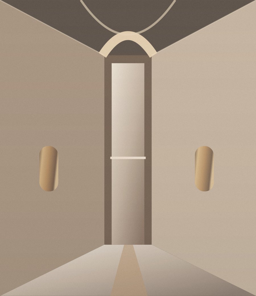 Conceptual illustration of a warm, minimalist hotel corridor